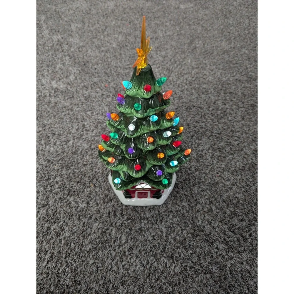 Ceramic Green Christmas Tree On House With LED Lighting Holiday Art Decor 18